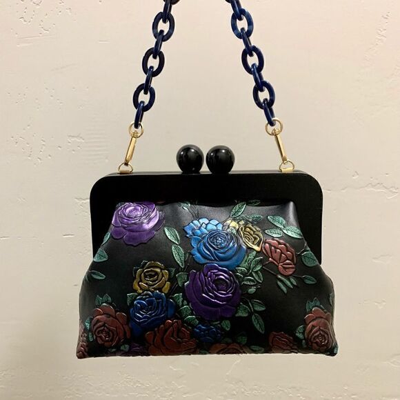 Embossed Rose Genuine Leather Handmade Wooden Frame Clutch/Wristlet /Crossbody - Picture 4 of 16